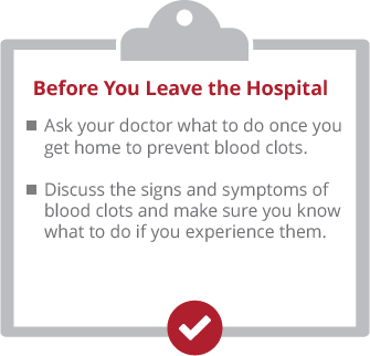 clipboard-leave3 Before you leave the hospital. Ask your doctor what to do once you get home to prevent blood clots. Discuss the signs and symptoms of blood clots and make sure you know what to do if you experience them.
