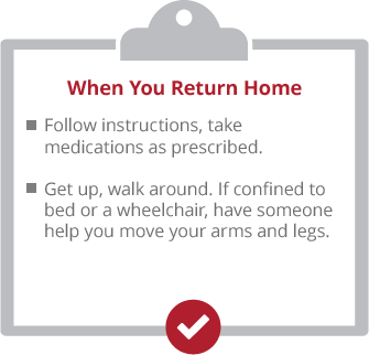 When you return home. Follow instructions, take medications as prescribed. Get up, walk around. If confined to bed or a wheelchair, have someone help you move your arms and legs.