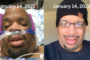 Michael Walker in a hospital bed on January 14, 2022 and healthy on January 22, 2023