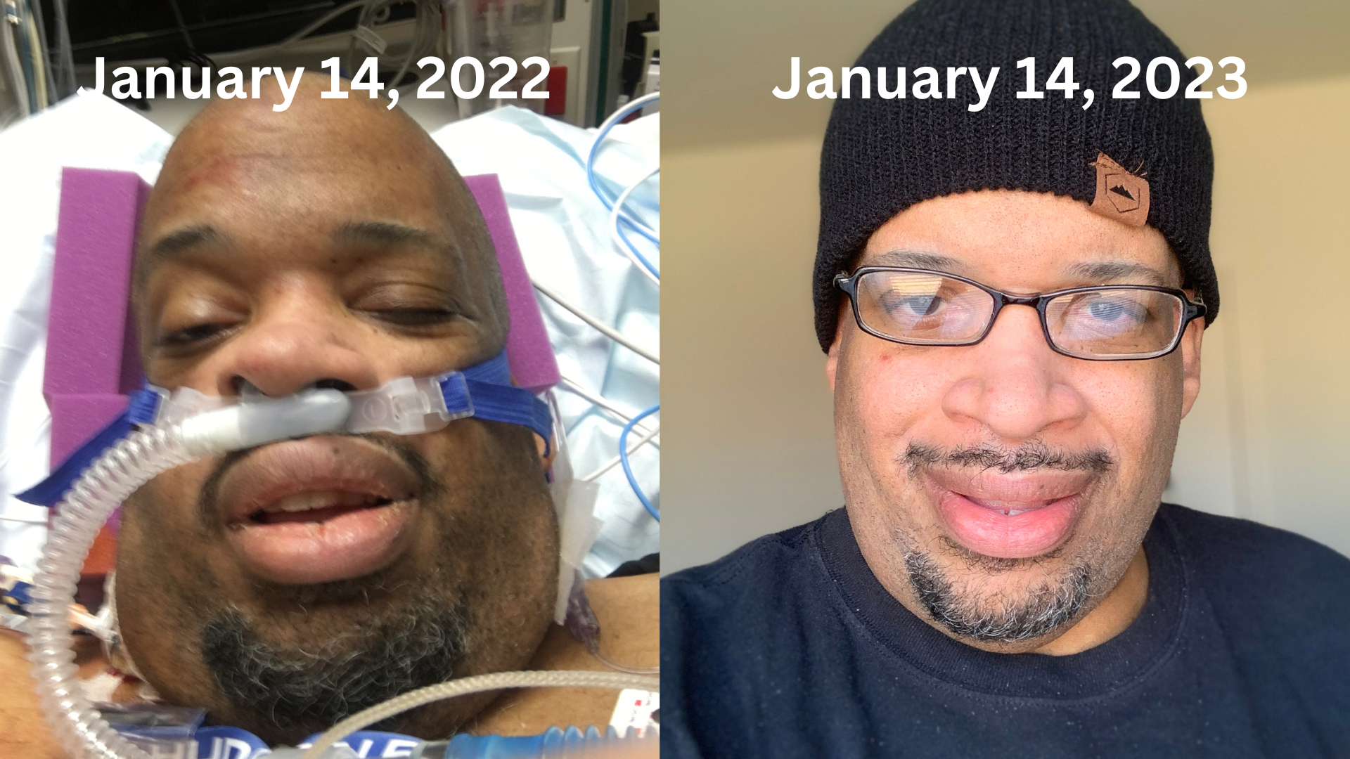 Michael Walker in a hospital bed on January 14, 2022 and healthy on January 22, 2023