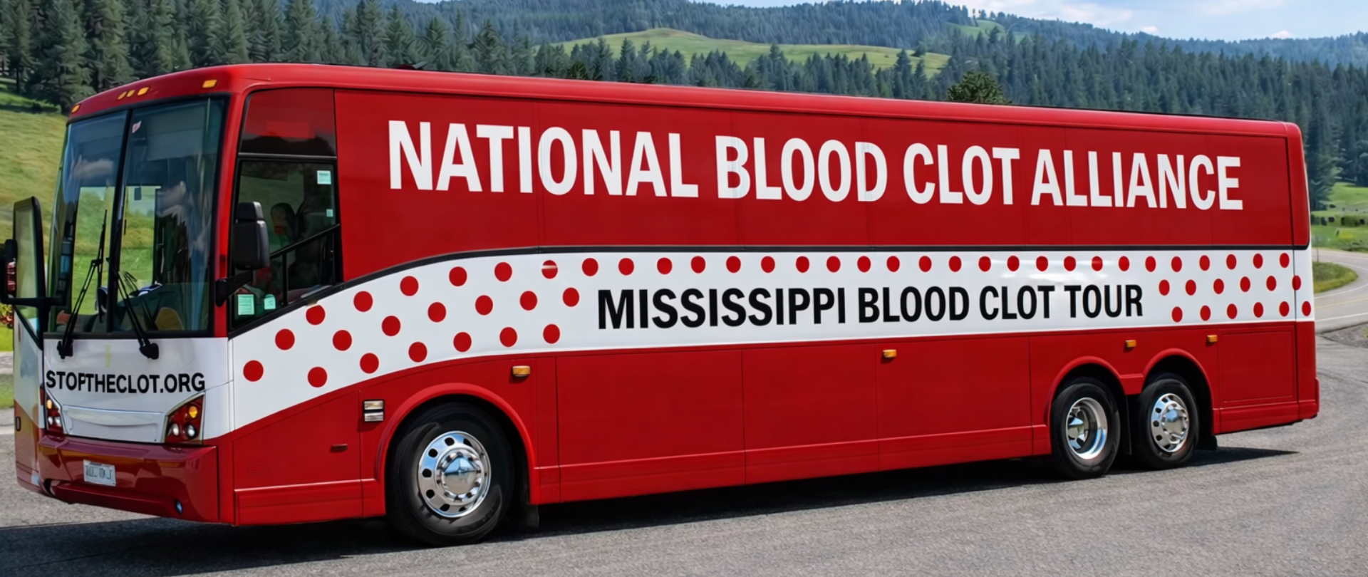 National Blood Clot Alliance red and white polka dot bus parked in Mississippi