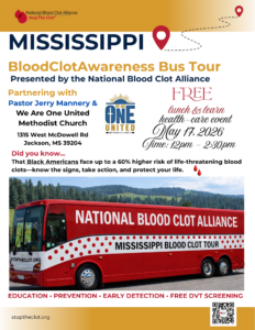 Flyer with a red bus with the words National Blood Clot Alliance and Mississippi Blood Clot Tour and listing the event details for May 17, 2026 Lunch & Learn.