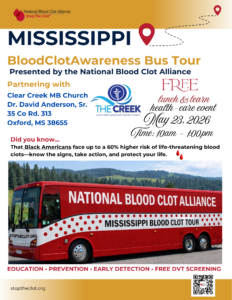 Photo with image of red bus with words National Blood Clot Alliance and Mississippi Blood Clot Tour and logo of Clear Creek MB Church and event details for May 23rd event.