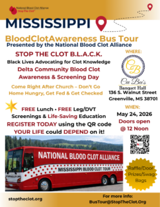 Photo with image of red bus with words National Blood Clot Alliance and Mississippi Blood Clot Tour and event details for May 24th.