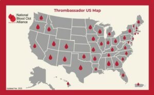 Map of US showing states with trained NBCA thrombassadors marked with red blood drop.