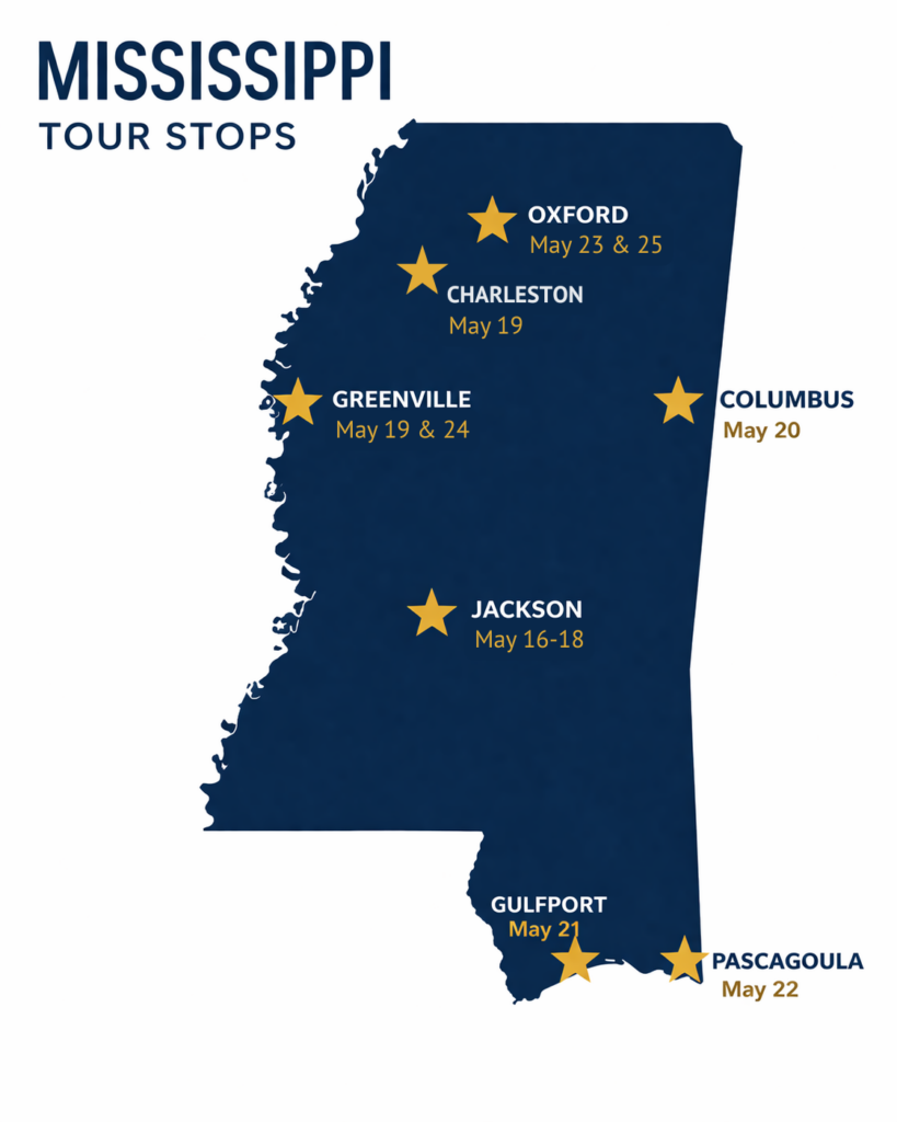 Map of Mississippi showing stars and dates on cities